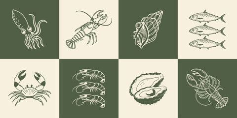 Collection of hand drawn posters with Italian food and summer elements. Oysters, seafood, fish, lobster. Mediterranean set. Sketch illustration.