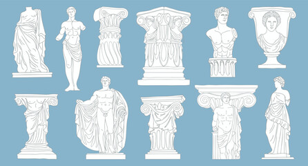Collection of Classical ancient Greek and Roman sculptures and architectural elements. Sketch outline illustration.