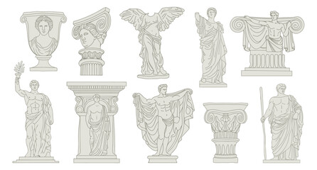 Collection of Classical ancient Greek and Roman sculptures and architectural elements. Sketch outline illustration.