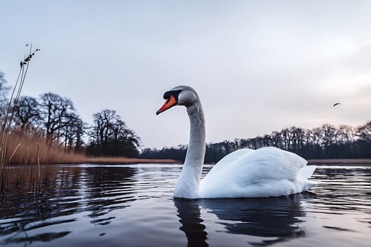 Elegant white swan swimming on lake - Powered by Adobe