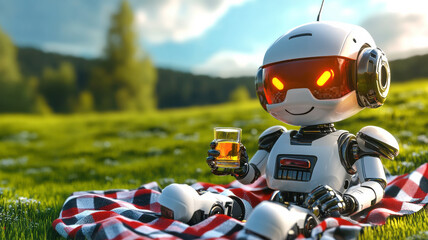 Robot enjoying a picnic with oil, humorous and cheerful concept