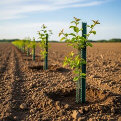 ligne de plants d'arbres récemment plantés