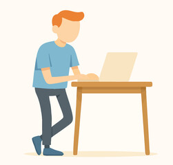 Flat Illustration of Standing Man Using Laptop on Wooden Table