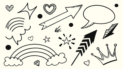 A collection of hand-drawn doodles, including rainbows, hearts, stars, arrows, and a crown, perfect for adding a whimsical touch to any design project.