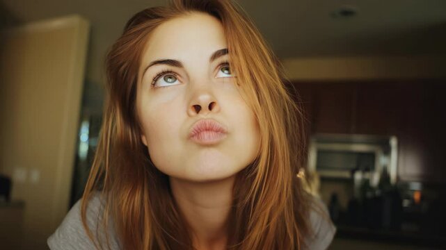 young pretty Caucasian woman doing funny face with air in mouth, puffed cheeks at home