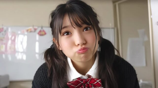 young pretty Asian Japanese woman in student attire doing funny face with air in mouth, puffed cheeks 