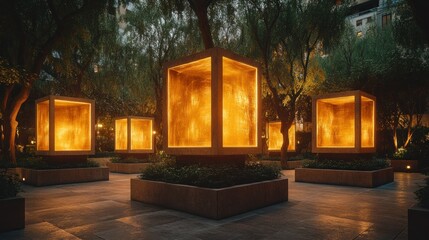 Urban park at twilight, illuminated cubes