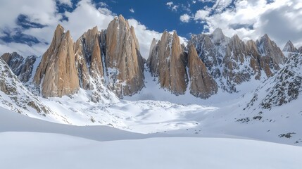 A breathtaking winter landscape showcasing towering granite peaks surrounded by pristine snow. 