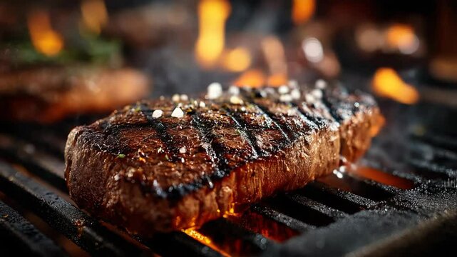close up sizzling steak on Barbecue rack with fire and smoke, grill marks 