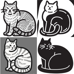 Four vector icons show seated cats in unique graphic styles