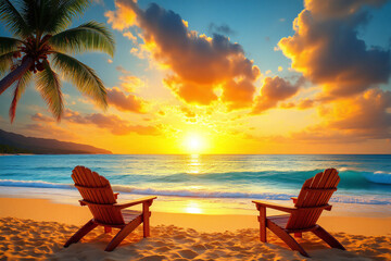 two adirondack chairs on the beach at sunset