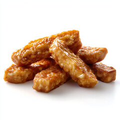 closeup view of fried tempeh with crispy edges and glowing tone perfectly isolated on white background with bright presentation