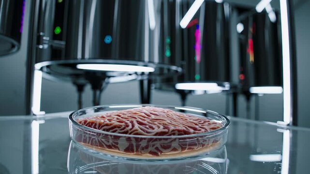 Cultivated meat growing inside sterile lab, glowing bioreactors surrounding petri dish, showcasing groundbreaking cellular agriculture technology and future of sustainable protein production