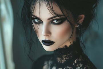 Portrait of gothic vampire queen with dark makeup, beautiful woman. Generative AI