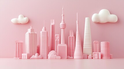 Pink cityscape model on a pink background.