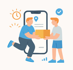 Modern Flat Style Delivery Man Giving Package to Customer Illustration