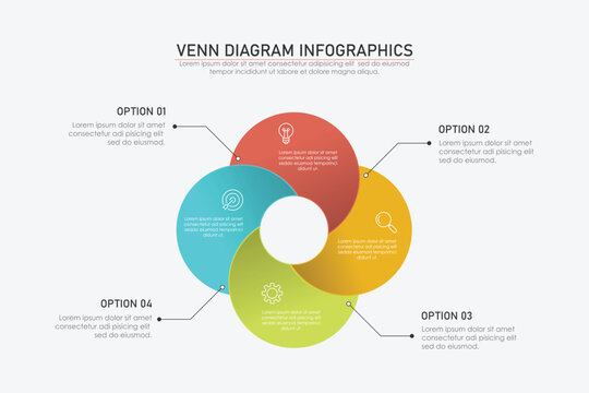 Venn diagram infographic chart template for business 3, 4 parts, options, presentation with venn diagram elements vector illustration.