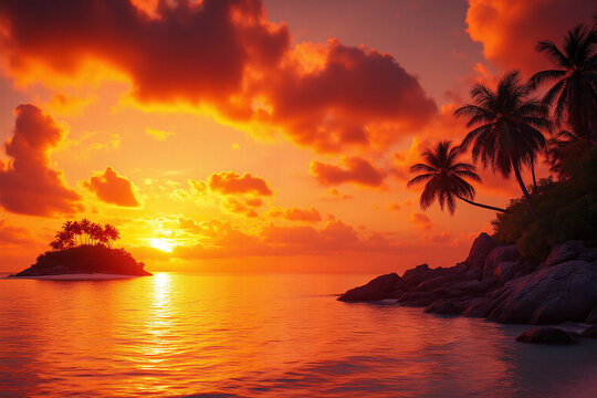 sunset over the ocean with palm trees in the foreground