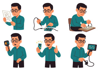 Computer engineer using FPGA schematic, debugging, Arduino LEDs, protocol analysis, thermal check, emotions, vector scene
