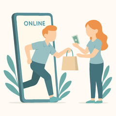 Flat Style Man Running Out of Smartphone To Receive Payment Illustration