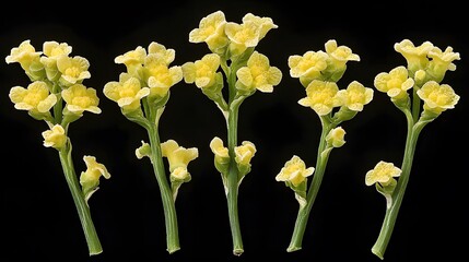Five Delicate Yellow Flower Stems Isolated on Black Background Botanical Photography