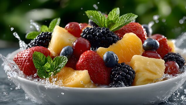 Refreshing fruit salad with water splashes, featuring strawberri