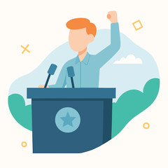 Flat Illustration of Speaker Standing Behind Podium Political Rally Illustration