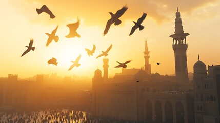 Majestic Sunset Birds Soaring Over City Skyline