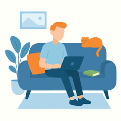 Flat Illustration Man Working on Laptop with Cat on Couch Illustration