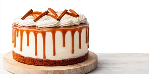 cake recipe trendy concept. Delicious cake with caramel drizzle and decorative toppings on a wooden platter.