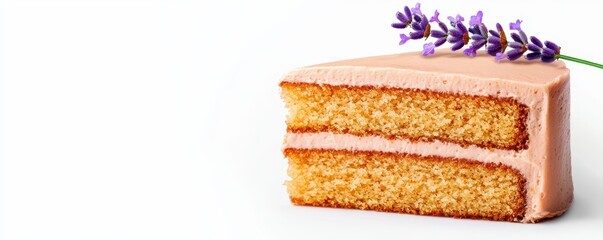 Fototapeta premium cake recipe trendy concept. Delicious slice of lavender cake with creamy frosting and a floral garnish.