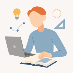 Modern Flat Illustration of Student Learning with Laptop Illustration