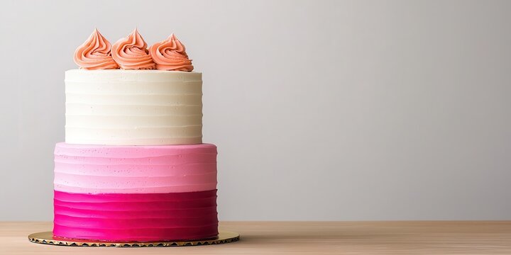 cake recipe trendy concept. Elegant three-tiered cake with pastel colors and decorative swirls on top.