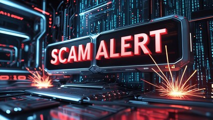 High-tech display showing a prominent 'SCAM ALERT' message with sparks, emphasizing online security threats.