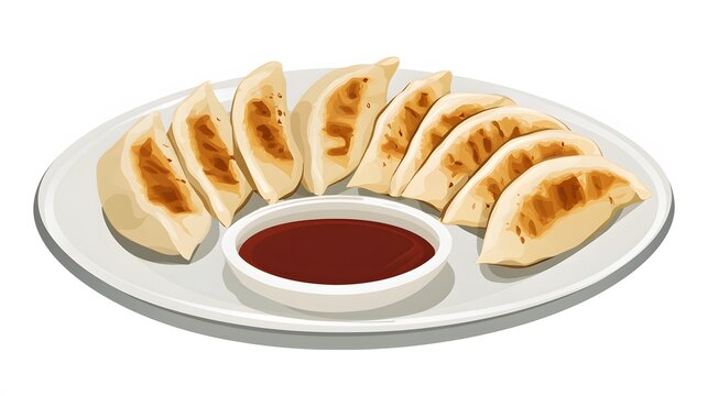 A plate of gyoza dumplings with dipping sauce, isolated, no text or logo