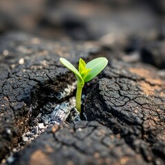 une plante qui repousse sur une terre br&ucirc;l&eacute;e, en gros plan