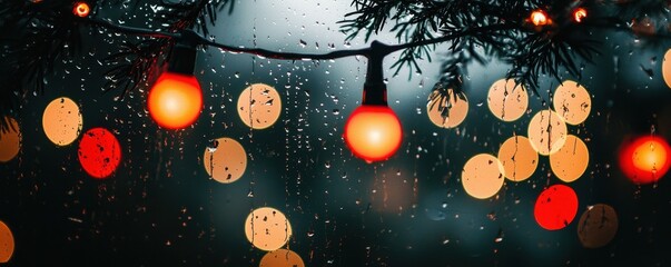 Warm festive string lights glow in the rain, hanging from pine branches with blurred bokeh in the background.