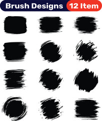 Twelve isolated black brush stroke designs on a white background for graphic elements
