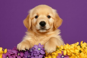 Golden retriever puppy with yellow and purple flowers on a purple background.