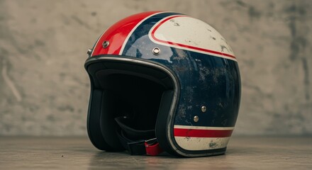 Fototapeta premium Vintage Open Face Helmet Red White Blue Stripes Design - Retro motorcycle helmet, open face design, red white blue stripes, distressed vintage look, symbolizes freedom, speed, classic , adventure