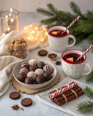 Close-up flatlay of a winter dessert table: chocolate truffles, mini yule logs, peppermint sticks, and mulled wine in festive mugs. Soft focus and cozy lighting.