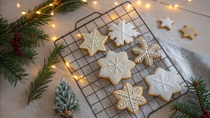 Flatlay of decorated Christmas cookies (snowflakes, trees, stars) on a cooling rack with powdered sugar, fairy lights, and pine branches. Warm festive background.
