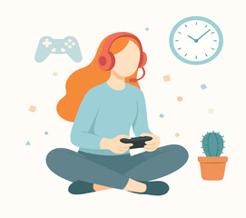 Flat Illustration Female Gamer Playing Console with Headphone Character Illustration