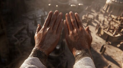 Powerful Prayer Hands Raised in Dusty Setting