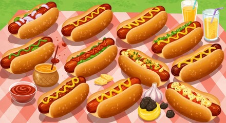 A Dozen Delicious Hot Dog Creations - A vibrant picnic scene showcasing twelve unique hot dog variations, each with creative toppings. Symbolizing summer fun, culinary creativity, family gatherings
