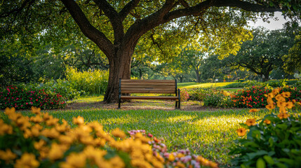 Peaceful Park Scene with a Wooden Bench