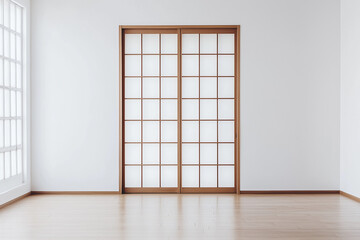 Minimalist Japanese room interior with a sliding wooden door and a large window framing a serene view