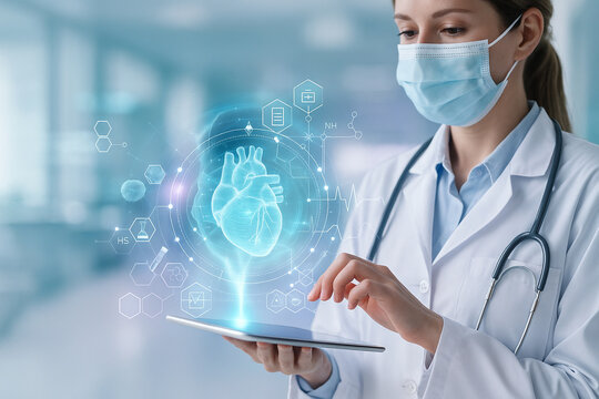 AI generated image of a female doctor using a smart tablet with holographic medical data in a high tech hospital room symbolizing precision and innovation in digital healthcare