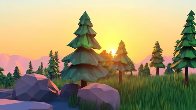 Low-poly forest landscape with path, rocks, trees, and sunset