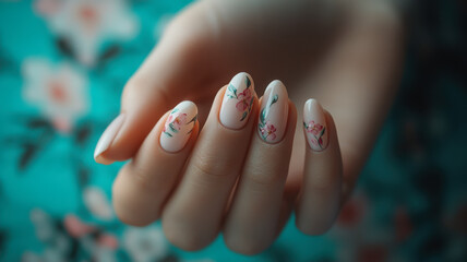 Naklejka premium Pastel almond nails with soft floral accents on a graceful female hand, creating a dreamy look